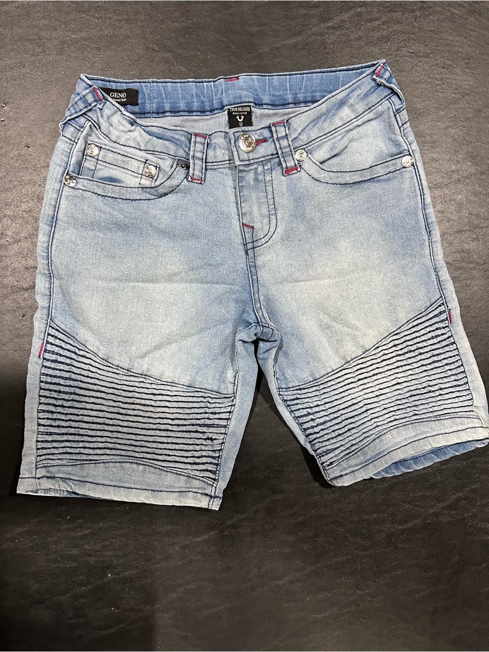 True Religion Kids Light Wash with Red stitching Ribbed Knee Denim Shorts